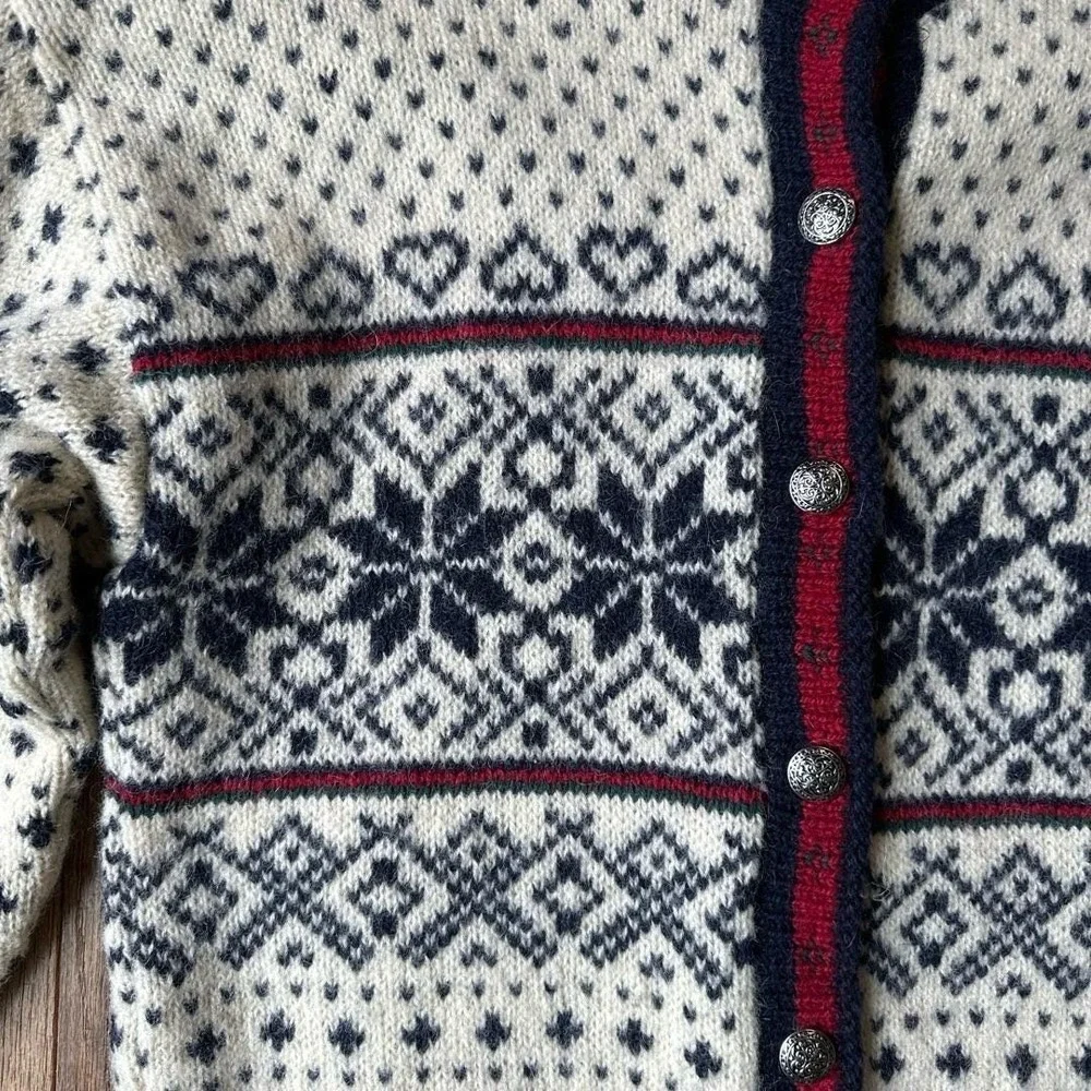 LL Bean Vintage Nordic Fair Isle Wool Sweater M Cream Multi Knit Button Front - Picture 2 of 10